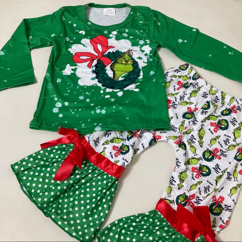 Boutique Christmas 🎄 Grinch cute bow pants long sleeve top set - Picture 5 of 7